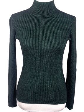 Diane von Furstenberg Metallic Green Merino Wool Blend Mock Neck Sweater M